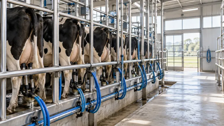 Escena ilustrativa de un tambo con instalaciones de ordeñe.