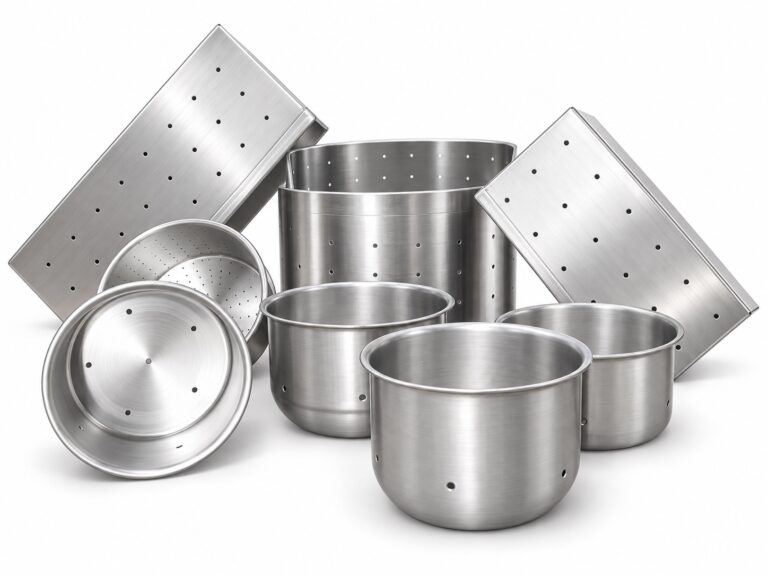 Moldes perforados de acero inoxidable para quesos sobre fondo blanco