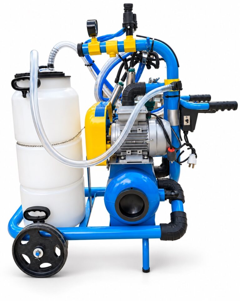 Ordeñadora portátil Omega con tarro recolector, motor, bomba de vacío y mangueras sobre fondo blanco.
