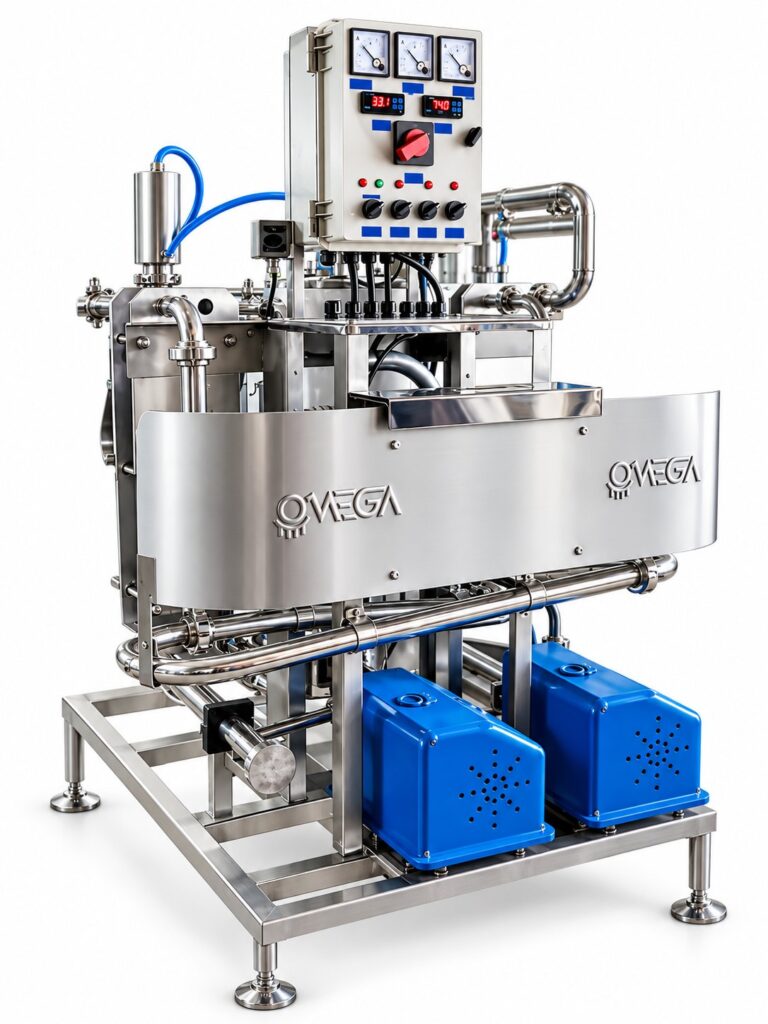 Pasteurizador de leche Gurí Omega Solari de acero inoxidable sobre fondo blanco