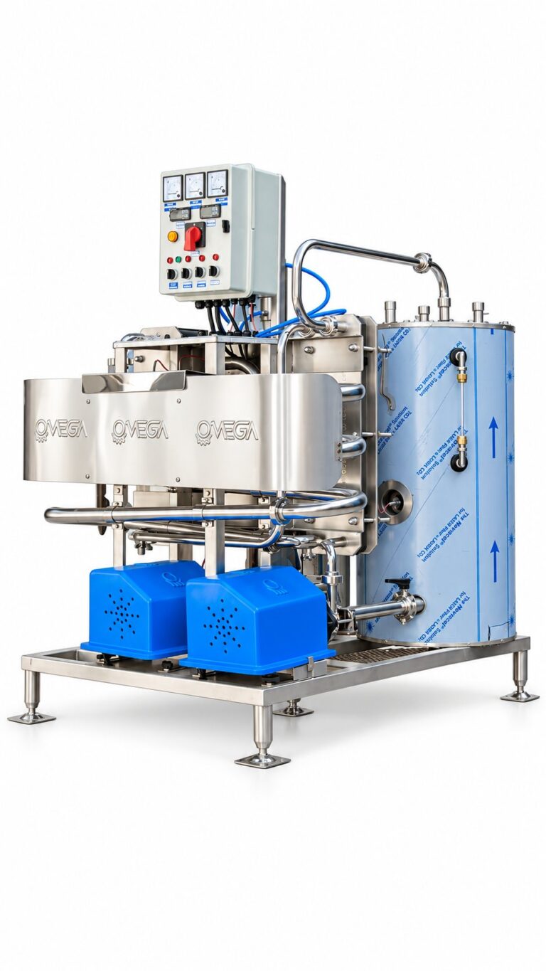 Pasteurizador Maserito Omega Solari en acero inoxidable, sobre fondo blanco