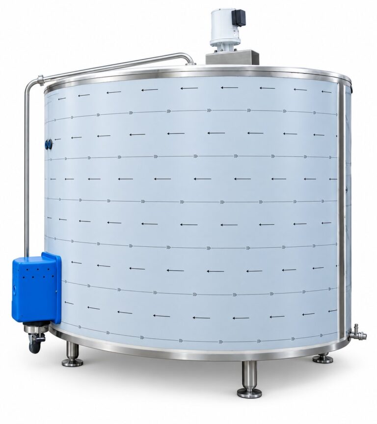 Tanque de frío para leche modelo GAMA Omega Solari, acero inoxidable sobre fondo blanco