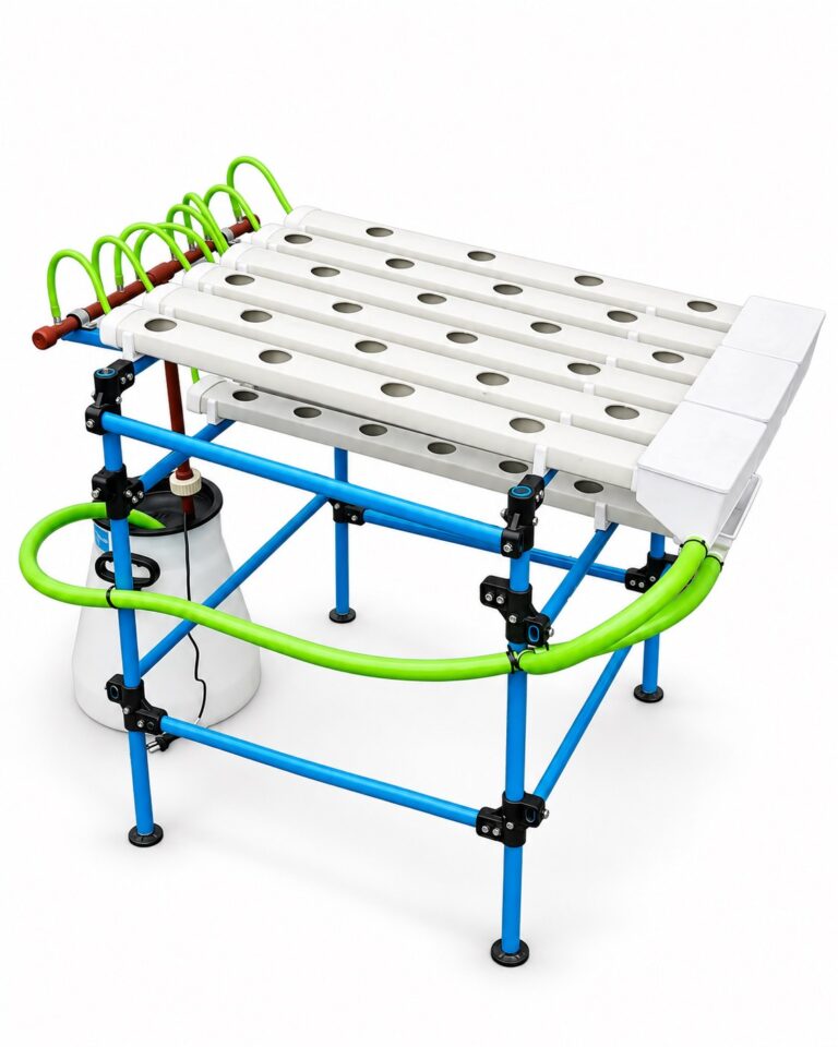 Sistema hidropónico Omega Solari para hojas y hierbas aromáticas, con canales de cultivo y circuito de recirculación