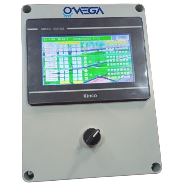 Tablero de control de riego hidropónico Omega Solari con PLC y pantalla táctil de 7 pulgadas